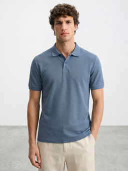 R&B - Blue Textured Cotton Regular Fit Polo T-Shirt