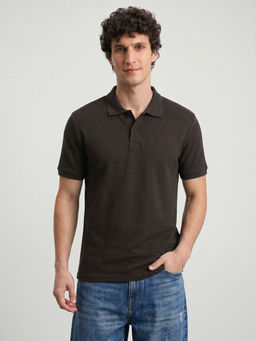 R&B - Brown Textured Cotton Regular Fit Polo T-Shirt