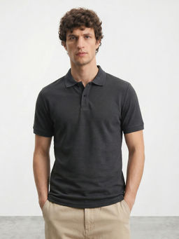 R&B - Grey Textured Cotton Regular Fit Polo T-Shirt