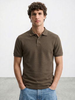 R&B - Olive Textured Cotton Regular Fit Polo T-Shirt