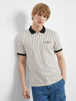 R&B - Beige Stripes Cotton Regular Fit Polo T-Shirt