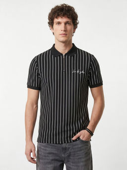 R&B - Black Stripes Cotton Regular Fit Polo T-Shirt