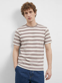 R&B - Beige Stripes Cotton Regular Fit T-Shirt