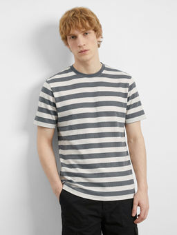 R&B - Grey Stripes Cotton Regular Fit T-Shirt