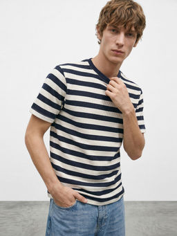 R&B - Navy Blue Stripes Cotton Regular Fit T-Shirt
