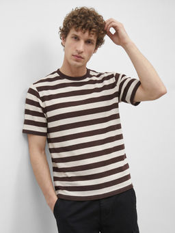 R&B - Brown Stripes Cotton Regular Fit T-Shirt