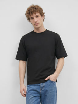 R&B - Black Solid Cotton Regular Fit T-Shirt