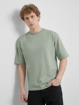 R&B - Green Solid Cotton Regular Fit T-Shirt