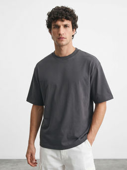R&B - Grey Solid Cotton Regular Fit T-Shirt