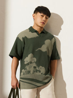 The Souled Store - Green Printed Pure Cotton Polo T-Shirt