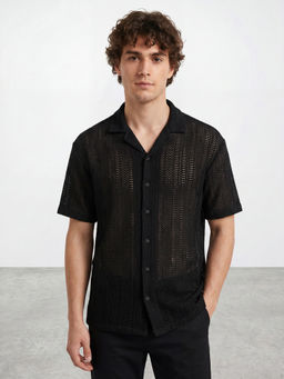 R&B - Black Self Design Pure Cotton Shirt