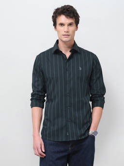 U.S. POLO ASSN. - Green Stripes Cotton Regular Fit Shirt