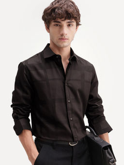 Rare Rabbit - Brown Self Design Polycotton Regular Fit Shirt