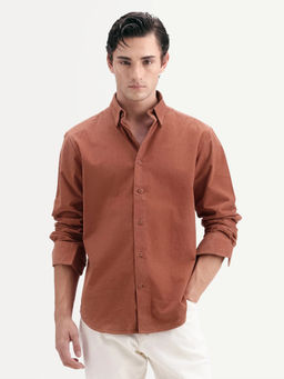 Rare Rabbit - Rust Solid Cotton Regular Fit Shirt