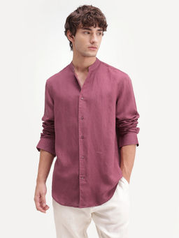 Rare Rabbit - Maroon Solid Linen Regular Fit Shirt