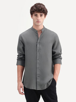 Rare Rabbit - Olive Solid Linen Regular Fit Shirt