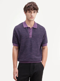 Rare Rabbit - Purple Self Design Cotton Regular Fit Polo T-Shirt