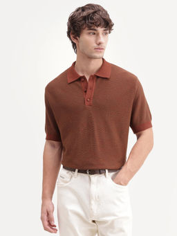Rare Rabbit - Rust Self Design Cotton Regular Fit Polo T-Shirt