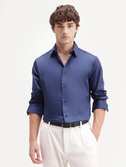Rare Rabbit - Navy Blue Solid Polycotton Regular Fit Shirt
