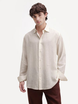 Rare Rabbit - Off White Solid Linen Blend Regular Fit Shirt