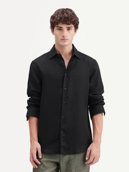 Rare Rabbit - Black Solid Linen Blend Regular Fit Shirt