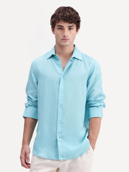 Rare Rabbit - Blue Solid Linen Blend Regular Fit Shirt