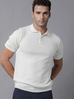 Rare Rabbit - Off White Self Design Cotton Polo T-Shirt