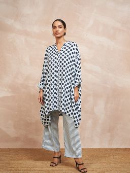STADO - White Blue Polka Dots Kaftan with Pant (Set of 2)
