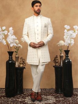 Jompers - Men Cream Embroidered Sherwani Pant with Jacket