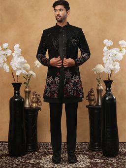 Jompers - Men Black Velvet Embroidered Sherwani Pant with Jacket
