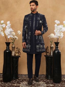 Jompers - Men Navy Embroidered Sherwani Pant with Jacket