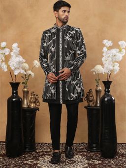 Jompers - Men Black Embroidered Sherwani Pant with Jacket