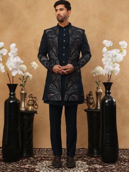 Jompers - Men Navy Blue Embroidered Sherwani Pant with Jacket