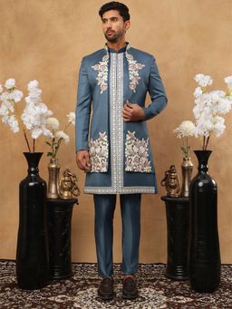 Jompers - Men Blue Embroidered Sherwani Pant with Jacket