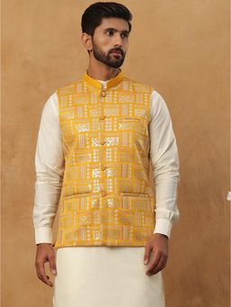 Jompers - Men’s Mustard Silk Blend Embroidered Nehru Jacket