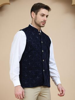 Jompers - Men’s Navy Blue Embroidered Nehru Jacket