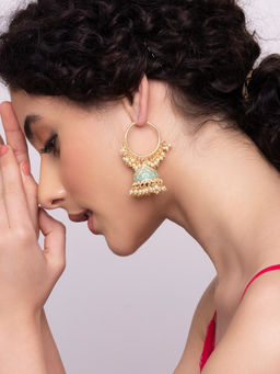 Indya - Gold Green Enamel Hoop Jhumka Earrings