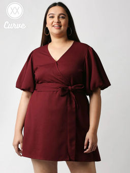 Twenty Dresses by Nykaa Fashion - Curve Maroon Solid V Neck Mini Dress
