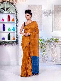 CHARUKRITI - Mustard Pure Cotton Handwoven Soft Saree with Teal Pallu with Unstitched Blouse