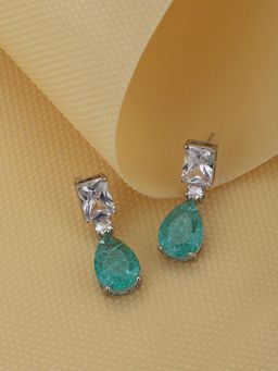 Carlton London - Premium Silver & Turquoise Toned Crystals Studded Rhodium-Plated Drop Earrings