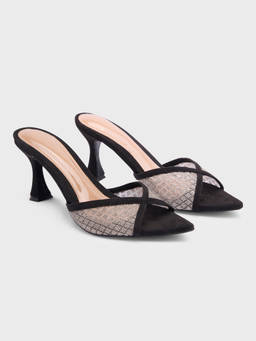 RSVP by Nykaa Fashion - Black Pointed Toe Glitter Mesh Detail Slip-On Womens Spool Heels
