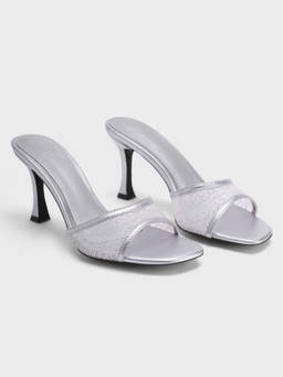 RSVP by Nykaa Fashion - Silver Metallic Square Toe Mesh Slip-On Spool Heels for Women