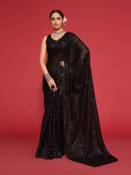 Odette - Women's Black Georgette Designer Sequins Saree with Unstitched Blouse