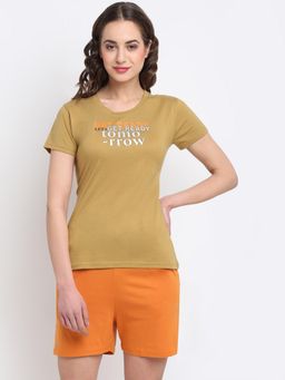 Kanvin - Women Green & Mustard Printed Night Suit (Set of 2)