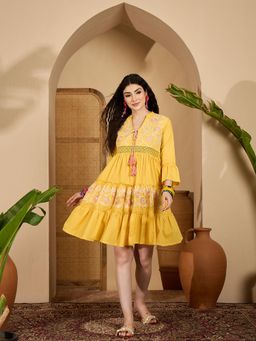 Stylum - Women Yellow Embroidered Cotton Tiered Dress