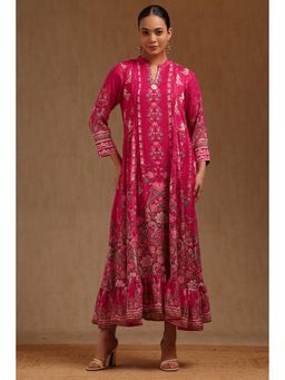 Soch - Women Fuchsia Muslin Botanical Print Dress with Sequins