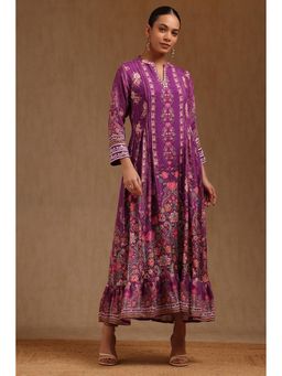 Soch - Women Purple Muslin Botanical Print Dress with Sequins
