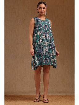 Soch - Women Teal Rayon Crepe Ethnic Motifs Dress