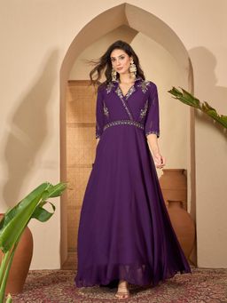 Stylum - Women Violet Embroidered Party Wear Georgette Gown