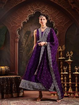 Stylum - Women Violet Embroidered Party Wear Georgette Gown with Dupatta